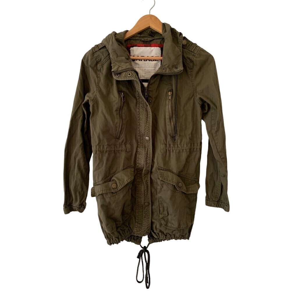 Garage Womens Brown Green Hooded Utility Jacket Zipper Lightweight Size Sz XS